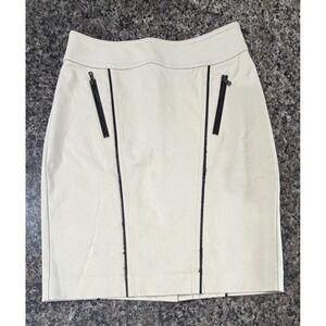 Ann Taylor Khaki Beige Pencil Skirt with Black Piping Trim Size 2 Zip Pockets